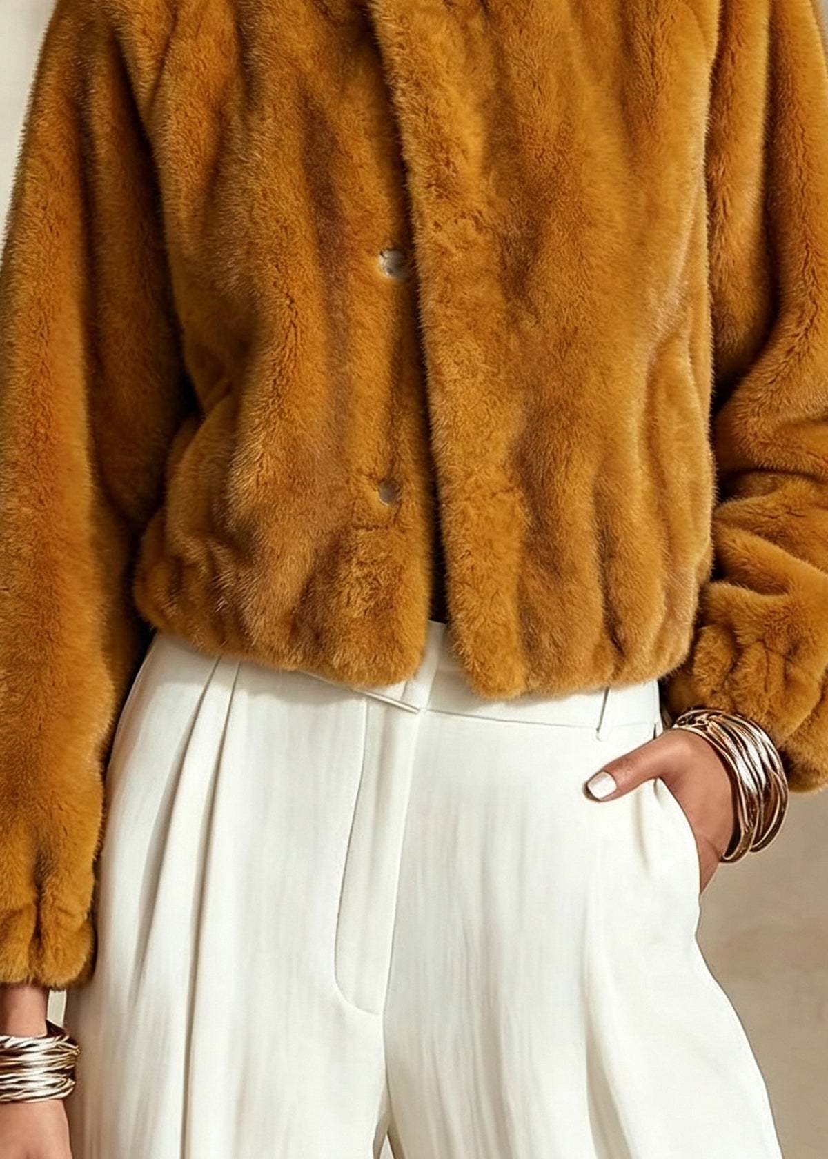 Elegant Orange Yellow O Neck Faux Fur Short Coat Winter