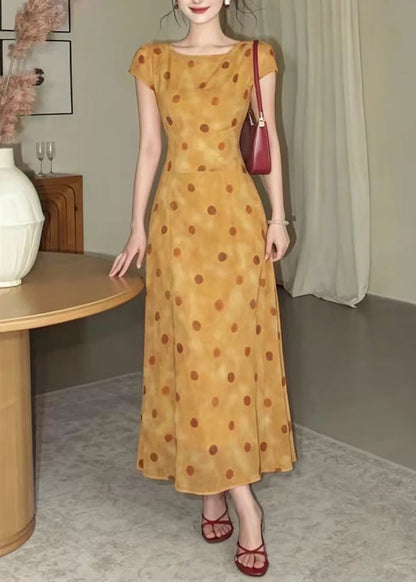 Elegant Orange Yellow Polka Dot Maxi Dress Short Sleeve