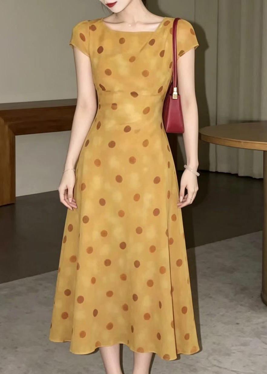 Elegant Orange Yellow Polka Dot Maxi Dress Short Sleeve
