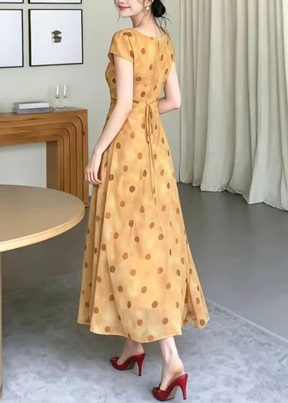 Elegant Orange Yellow Polka Dot Maxi Dress Short Sleeve