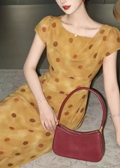Elegant Orange Yellow Polka Dot Maxi Dress Short Sleeve