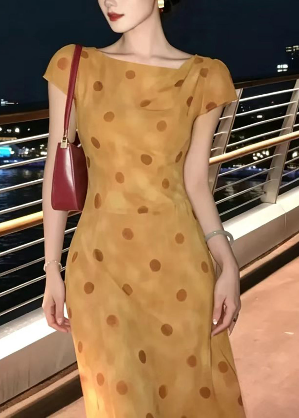 Elegant Orange Yellow Polka Dot Maxi Dress Short Sleeve