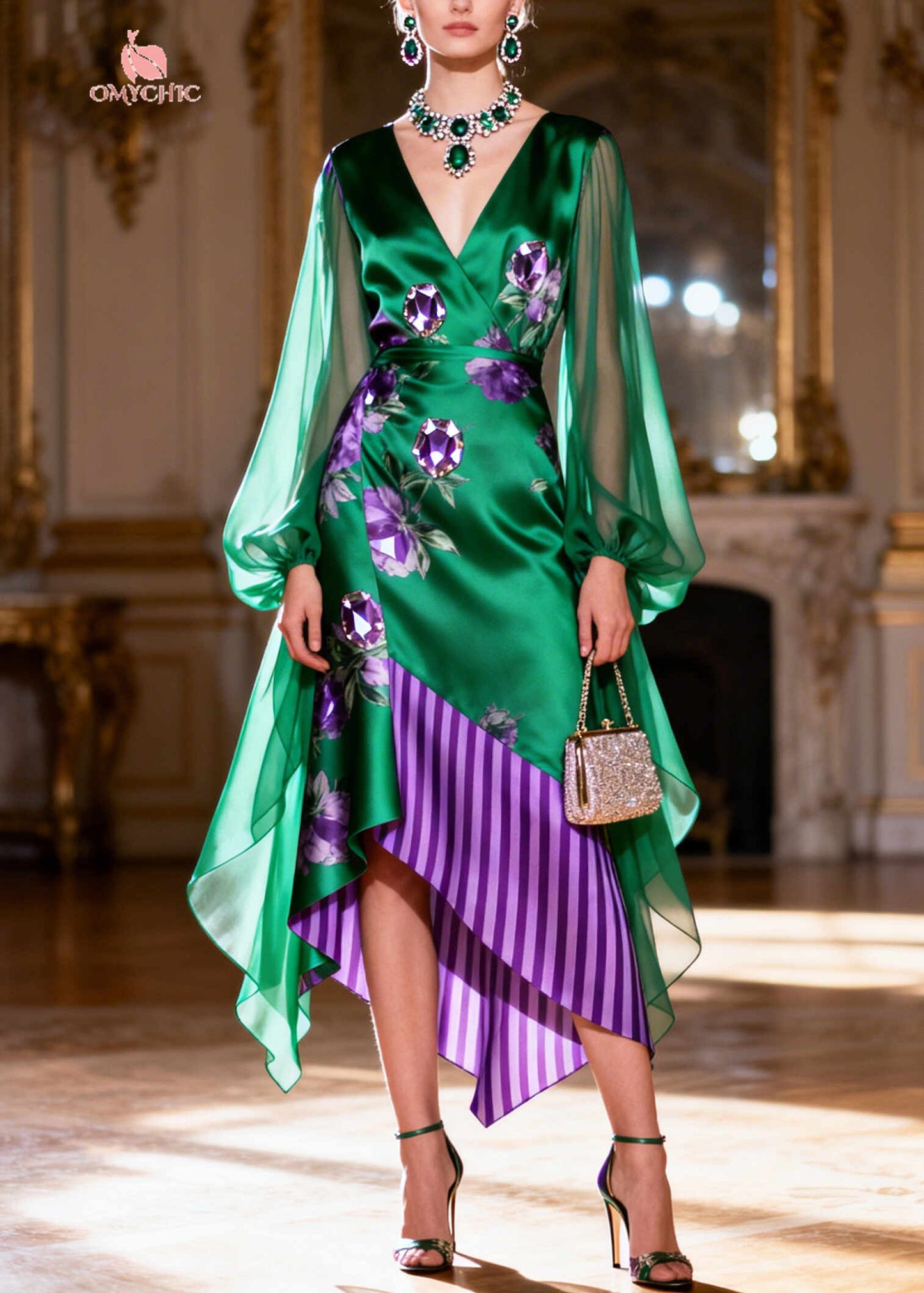 Elegant Peacock Green Asymmetrical Patchwork Silk Party Dress Summer