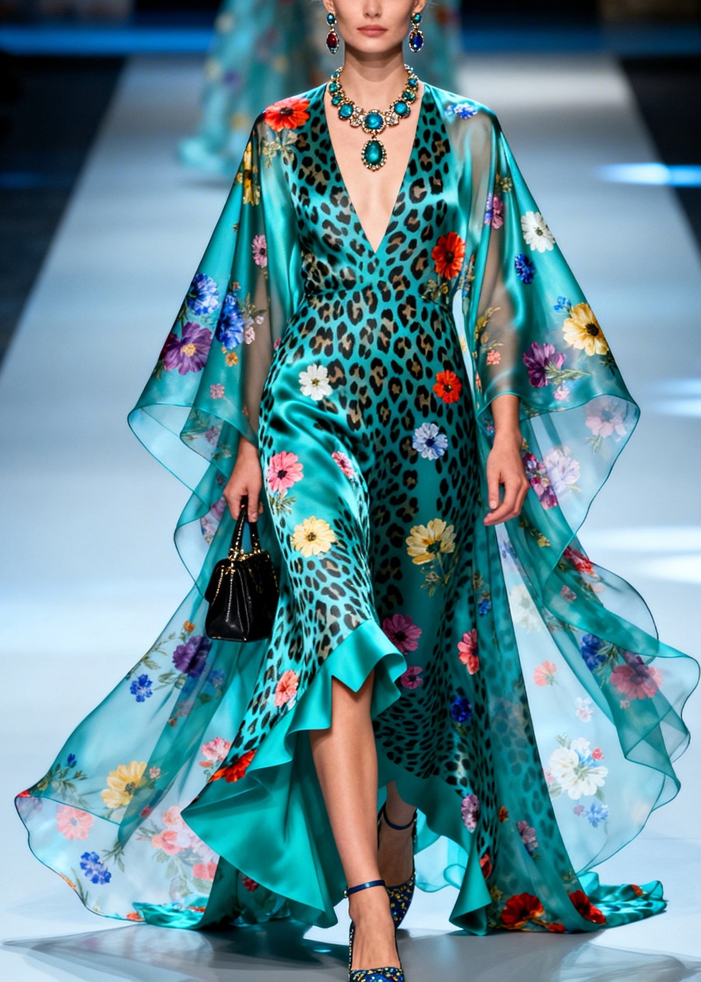 Elegant Peacock Green Print Exra Large Hem Silk Holiday Dress Summer