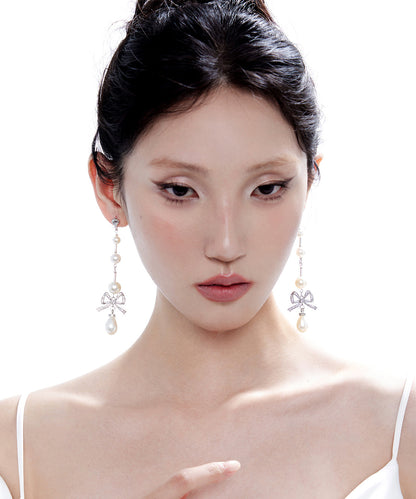 Elegant Pearl Bow Silver Long Drop Earrings Earrings