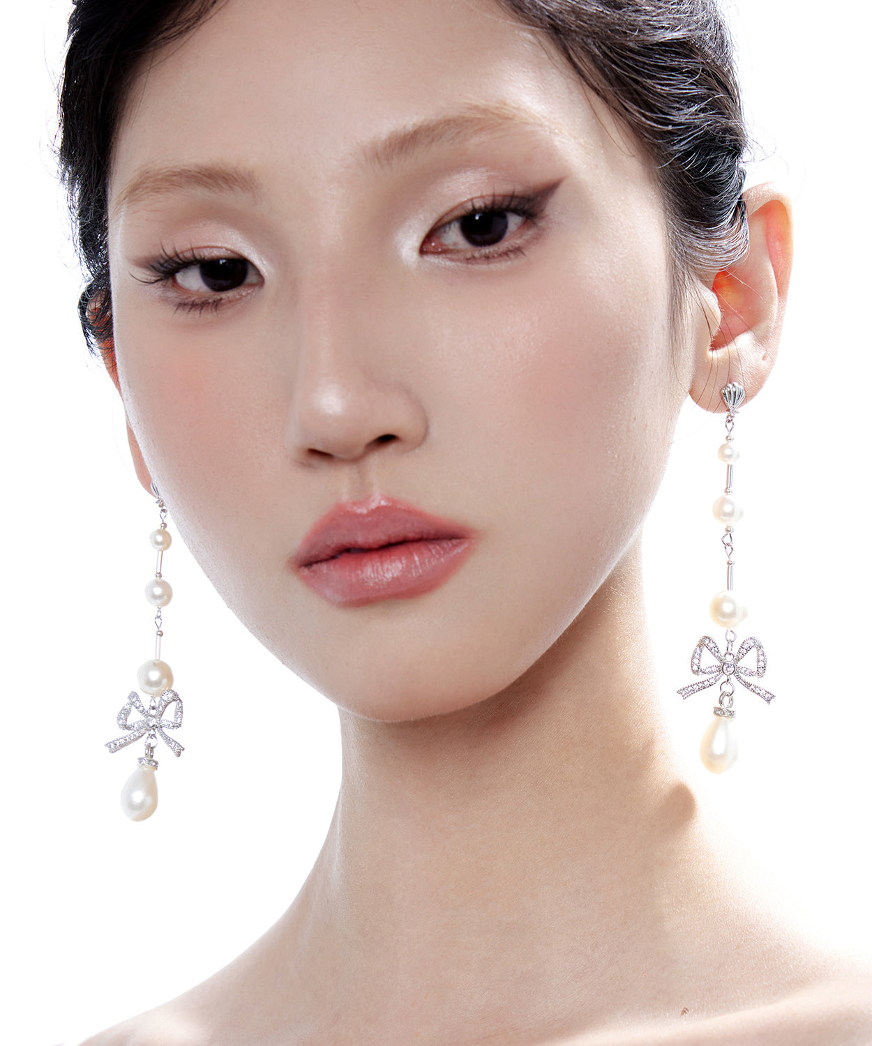 Elegant Pearl Bow Silver Long Drop Earrings Earrings