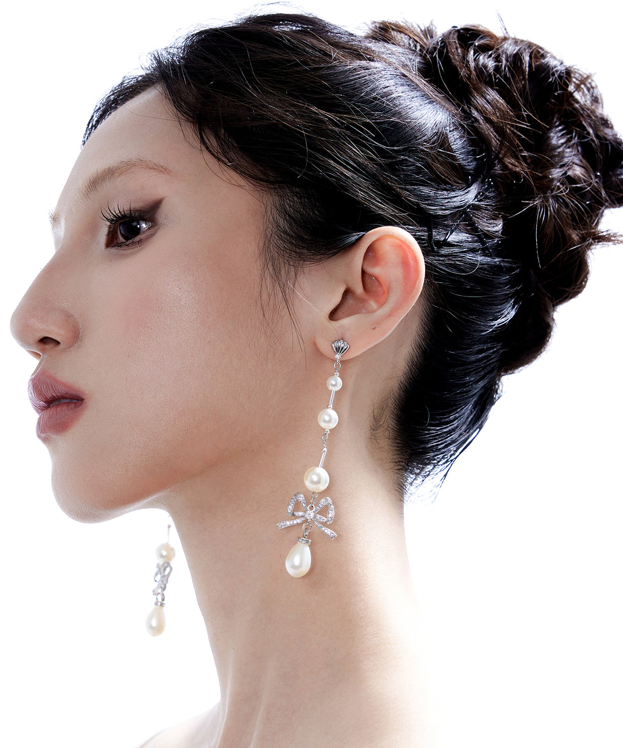 Elegant Pearl Bow Silver Long Drop Earrings Earrings