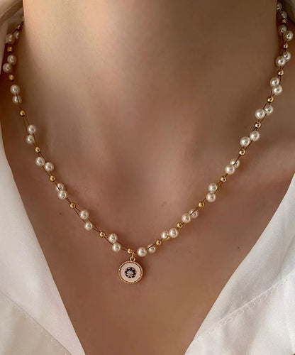 Elegant Pearl Double Layered Gilded Circle Pendant Necklace