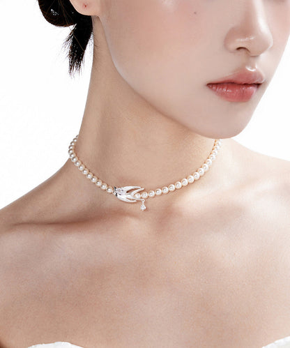 Elegant Pearl Little Bird Zircon Silver Plated Choker