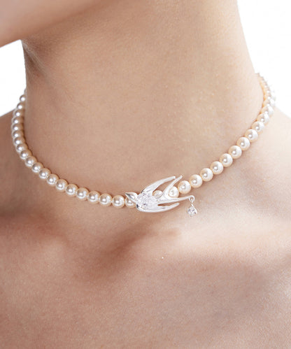 Elegant Pearl Little Bird Zircon Silver Plated Choker