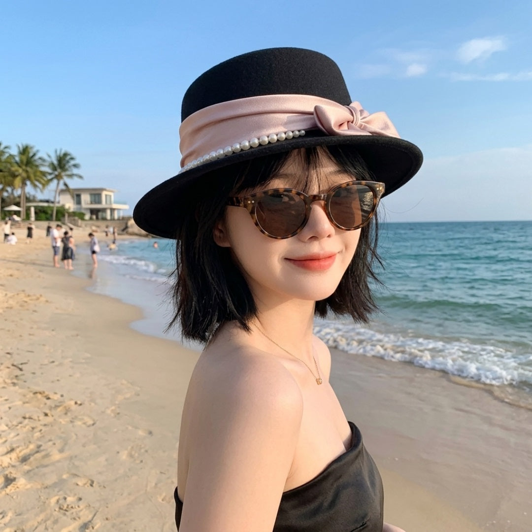 Elegant Pearl Pink Ribbon Bow Fashion Cloche Hat
