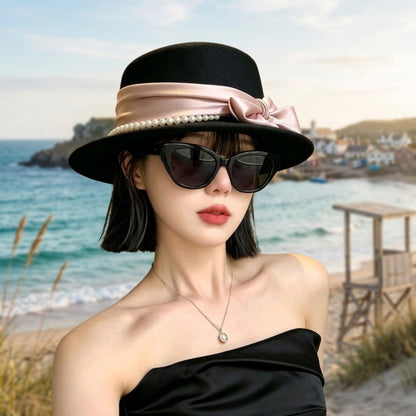 Elegant Pearl Pink Ribbon Bow Fashion Cloche Hat