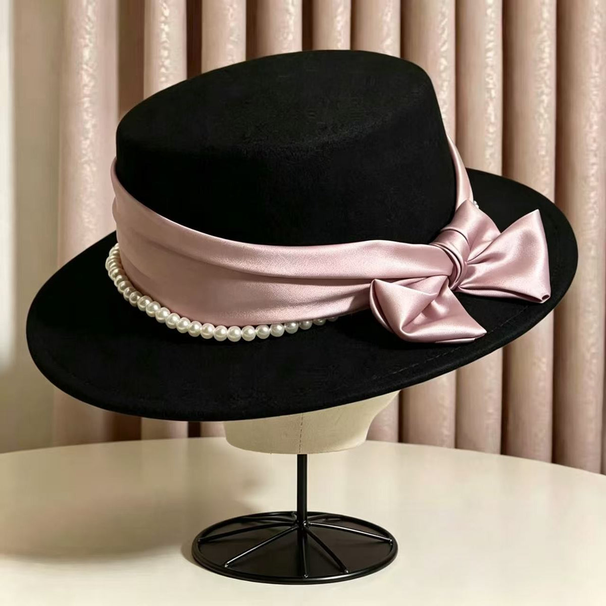 Elegant Pearl Pink Ribbon Bow Fashion Cloche Hat