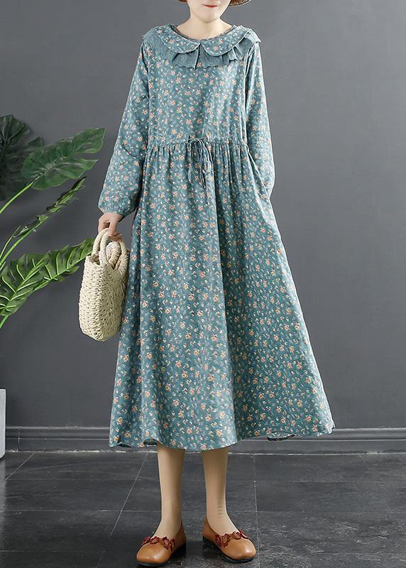 Elegant Peter Pan Collar Dresses Tops Blue Print Robe Dresses - SooLinen
