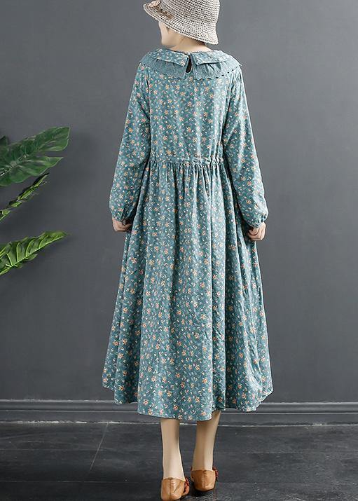 Elegant Peter Pan Collar Dresses Tops Blue Print Robe Dresses - SooLinen