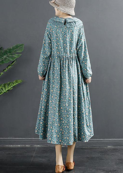 Elegant Peter Pan Collar Dresses Tops Blue Print Robe Dresses - SooLinen