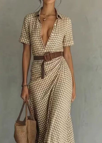 Elegant Peter Pan Collar Plaid Wrinkled Cotton Maxi Dresses Short Sleeve