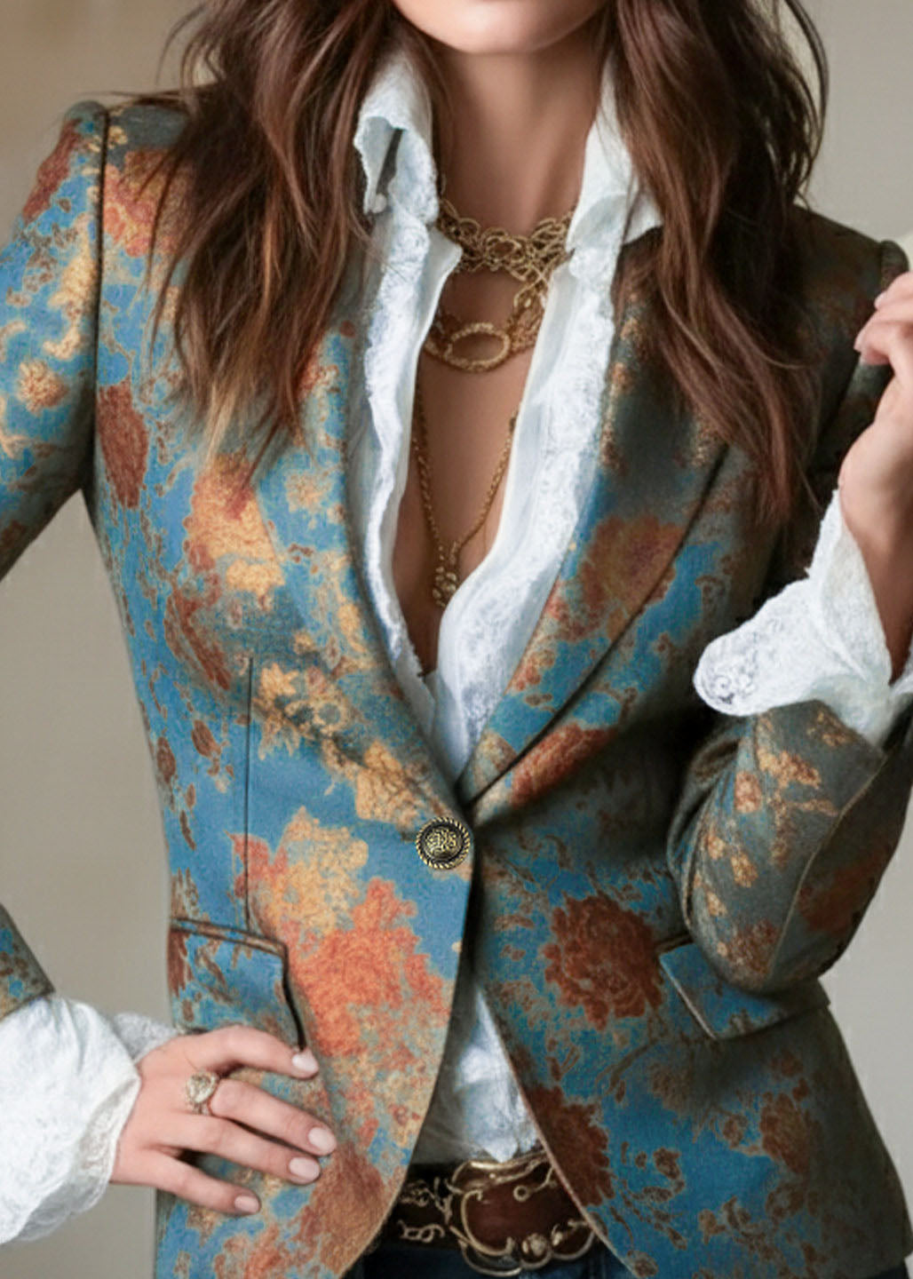 Elegant Peter Pan Collar Print Cotton Suit Coats Fall
