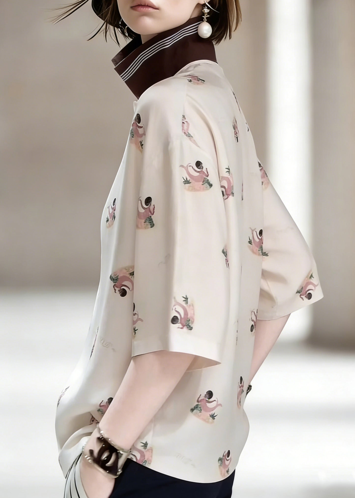 Elegant Peter Pan Collar Print Patchwork Silk Shirts Half Sleeve
