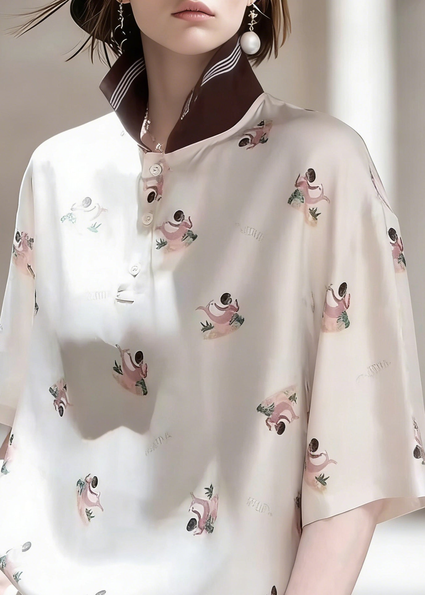 Elegant Peter Pan Collar Print Patchwork Silk Shirts Half Sleeve