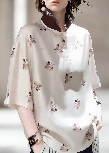 Elegant Peter Pan Collar Print Patchwork Silk Shirts Half Sleeve