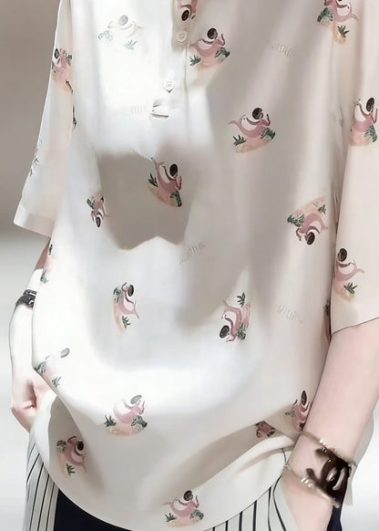 Elegant Peter Pan Collar Print Patchwork Silk Shirts Half Sleeve