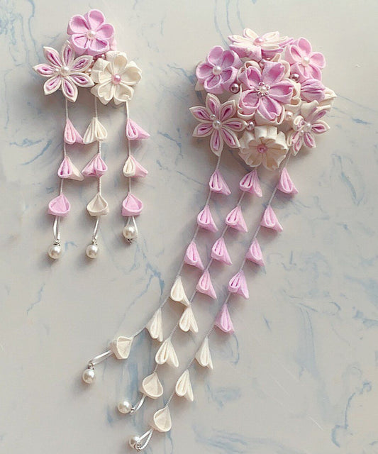 Elegant Pink Alloy Pearl Cherry Blossom Tassel Two-piece set Hairpin