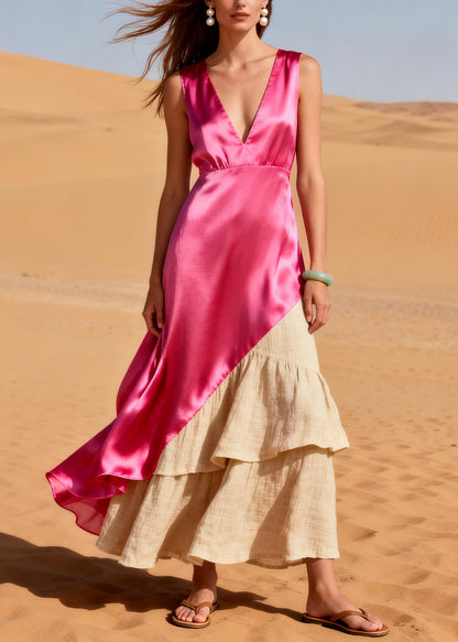 Elegant Pink Asymmetrical Patchwork Linen Silk Dress Summer