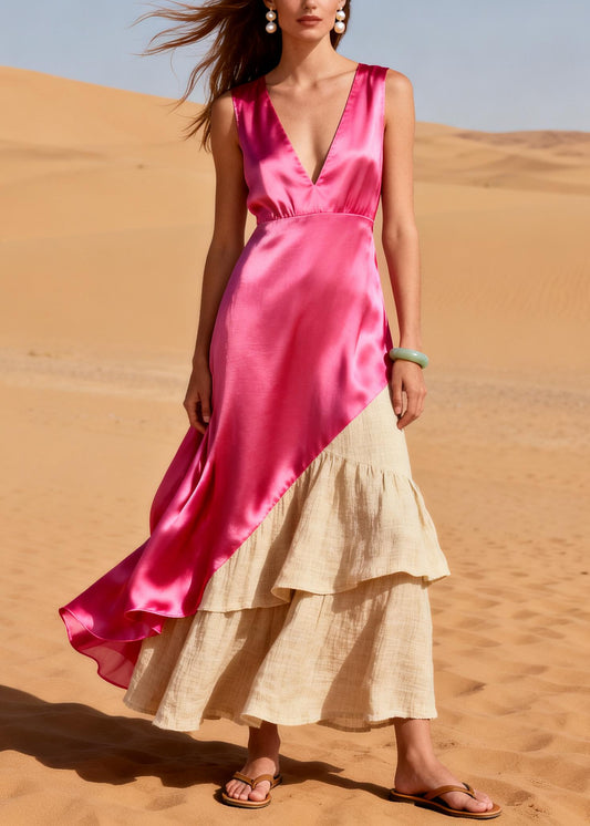 Elegant Pink Asymmetrical Patchwork Linen Silk Dress Summer