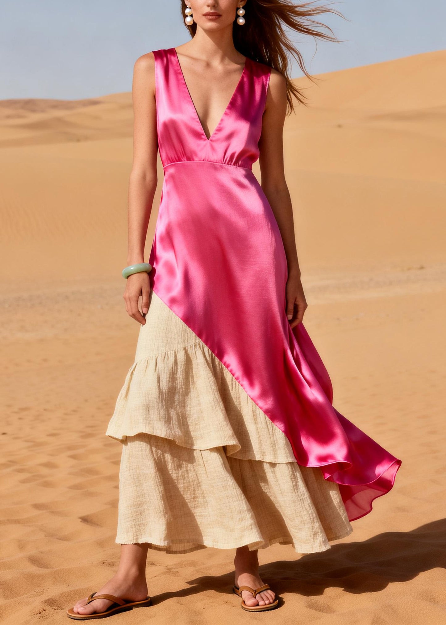 Elegant Pink Asymmetrical Patchwork Linen Silk Dress Summer