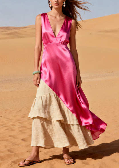 Elegant Pink Asymmetrical Patchwork Linen Silk Dress Summer