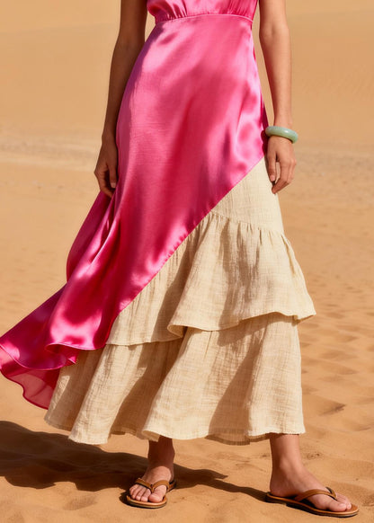 Elegant Pink Asymmetrical Patchwork Linen Silk Dress Summer