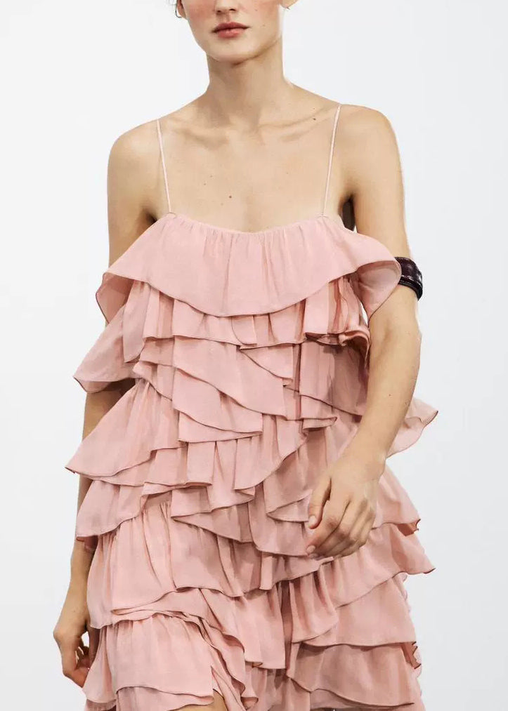 Elegant Pink Backless Layered Cotton Spaghetti Strap Dress Sleeveless