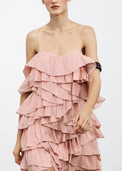 Elegant Pink Backless Layered Cotton Spaghetti Strap Dress Sleeveless