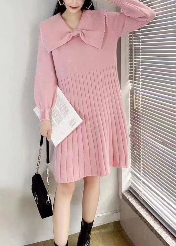 Elegant Pink Bow Wrinkled Knit Sweater Dress Winter