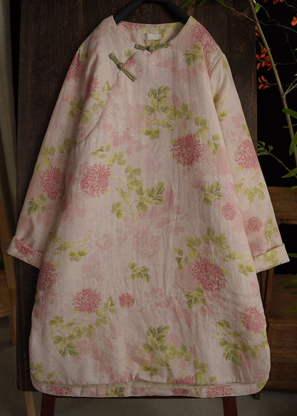 Elegant Pink Chinese Button Print Side Open Cotton Filled Dress Spring