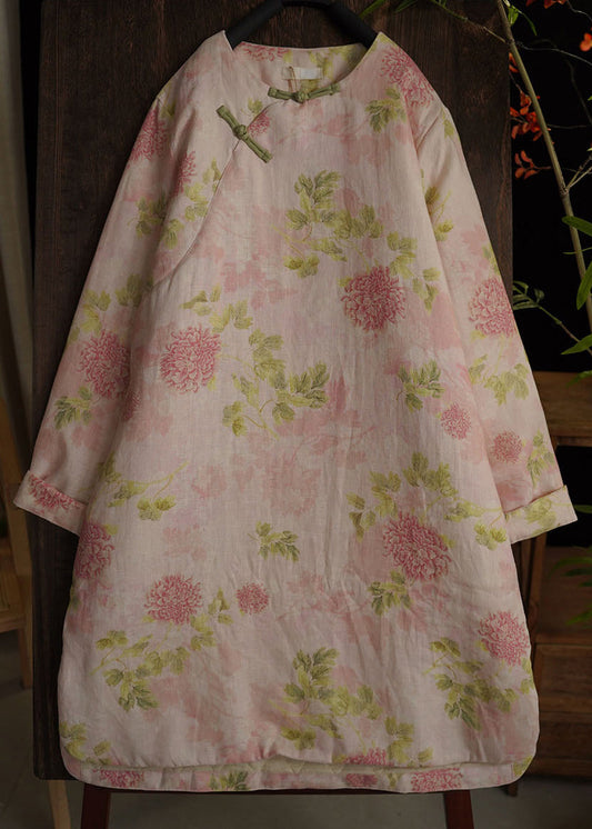 Elegant Pink Chinese Button Print Side Open Cotton Filled Dress Spring