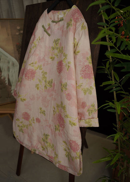 Elegant Pink Chinese Button Print Side Open Cotton Filled Dress Spring