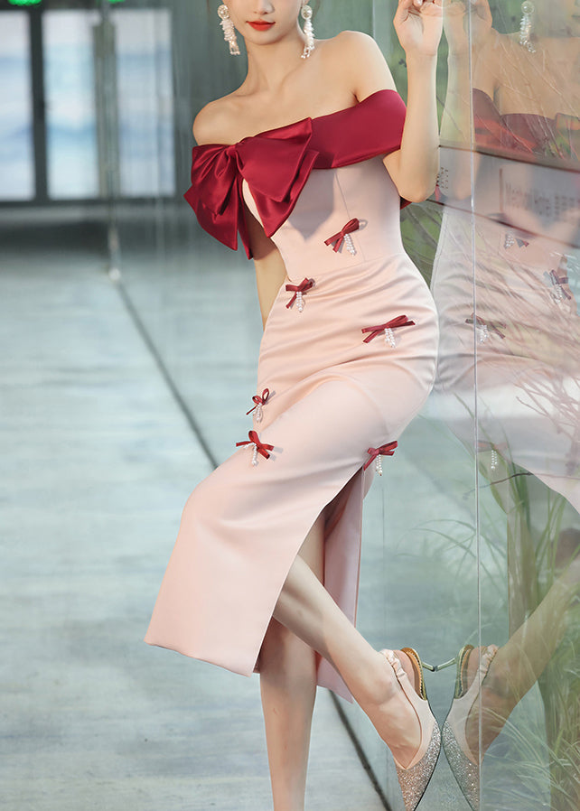 Elegant Pink Cold Shoulder Bow Nail Bead Dress Sleeveless