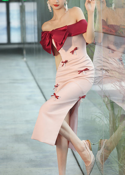 Elegant Pink Cold Shoulder Bow Nail Bead Dress Sleeveless