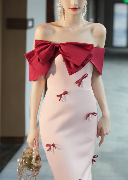 Elegant Pink Cold Shoulder Bow Nail Bead Dress Sleeveless