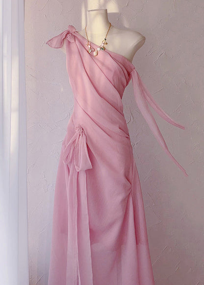 Elegant Pink Cold Shoulder Lace Up Chiffon Long Dress Sleeveless