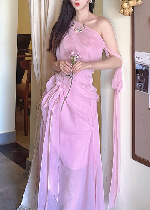 Elegant Pink Cold Shoulder Lace Up Chiffon Long Dress Sleeveless