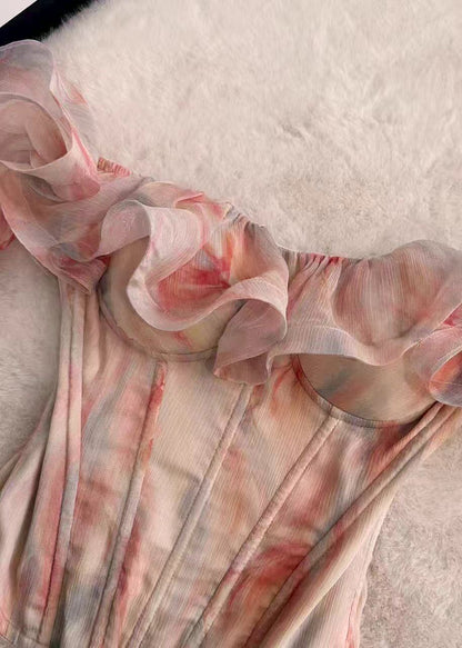 Elegant Pink Cold Shoulder Ruffled Print Chiffon Tanks Summer