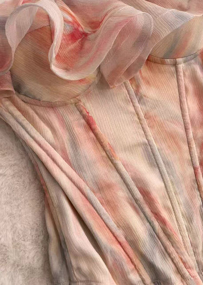 Elegant Pink Cold Shoulder Ruffled Print Chiffon Tanks Summer