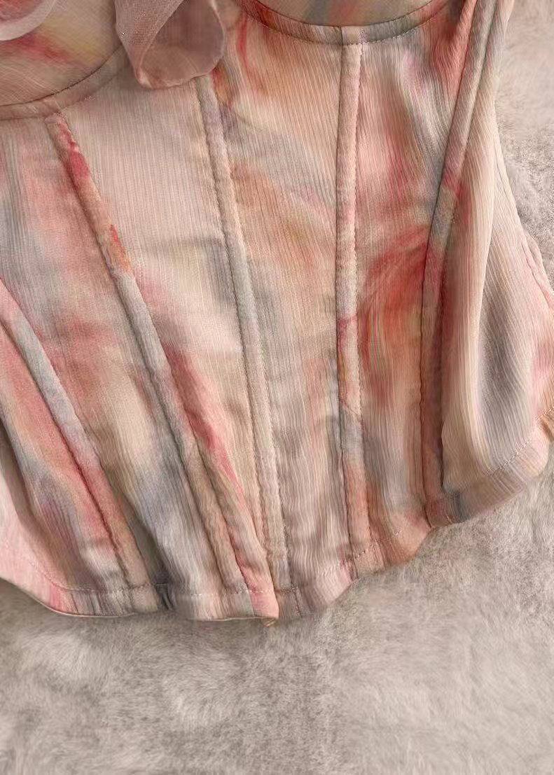 Elegant Pink Cold Shoulder Ruffled Print Chiffon Tanks Summer