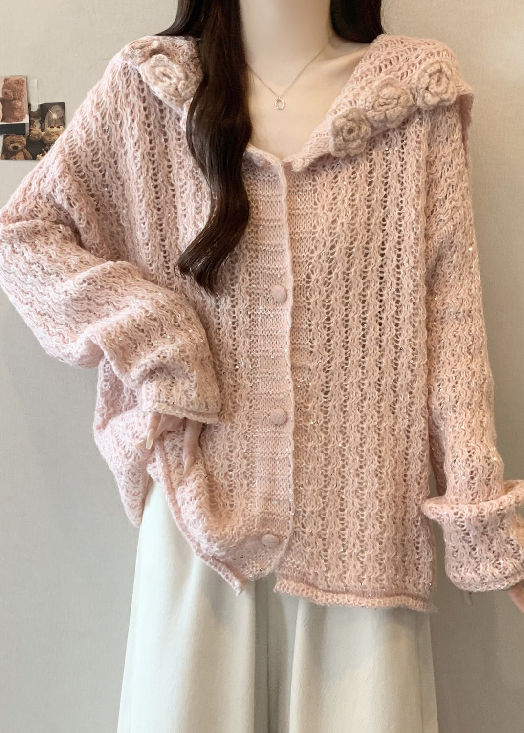 Elegant Pink Floral Hollow Out Knitted Cardigan Fall