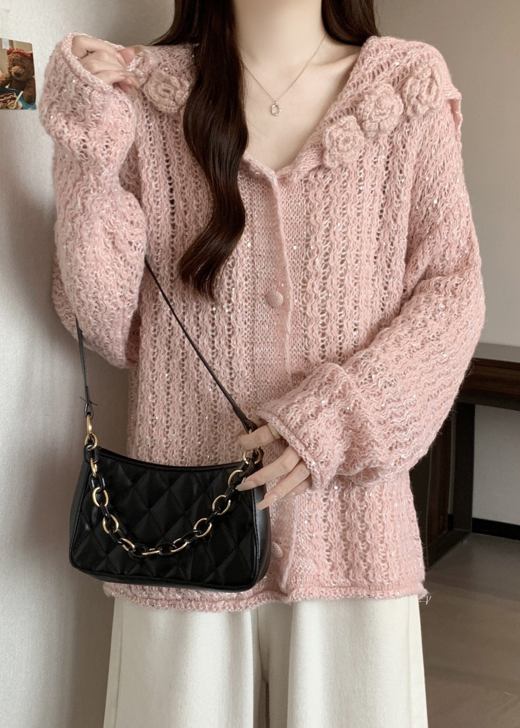 Elegant Pink Floral Hollow Out Knitted Cardigan Fall