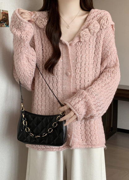 Elegant Pink Floral Hollow Out Knitted Cardigan Fall