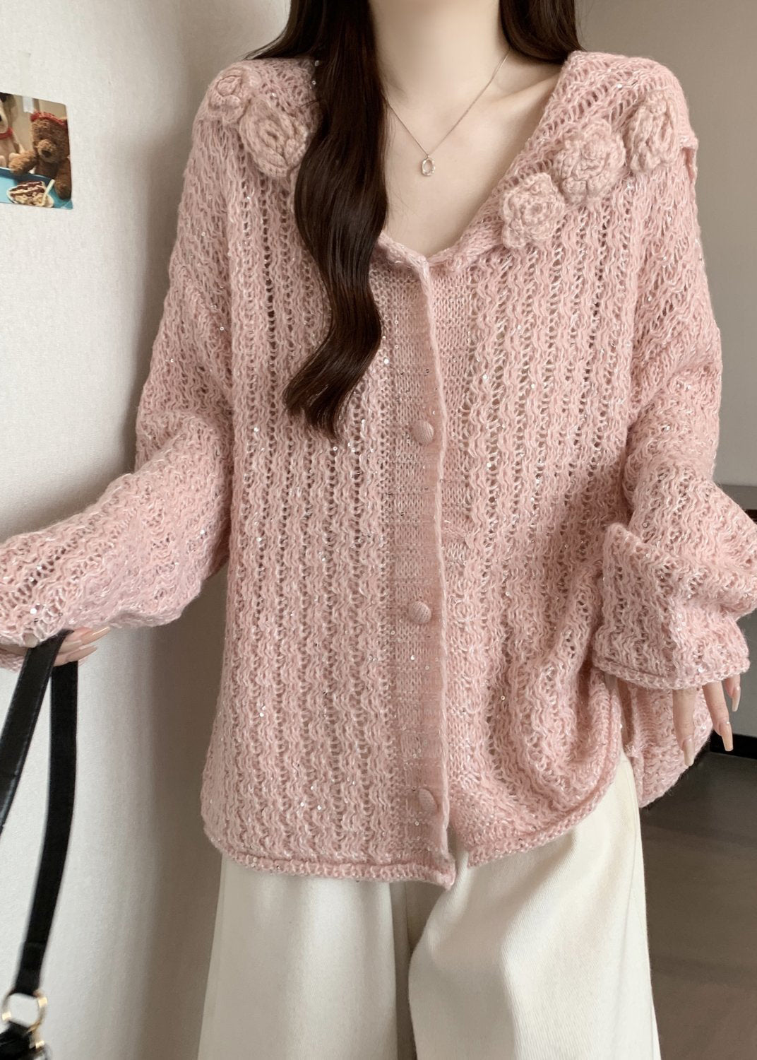 Elegant Pink Floral Hollow Out Knitted Cardigan Fall
